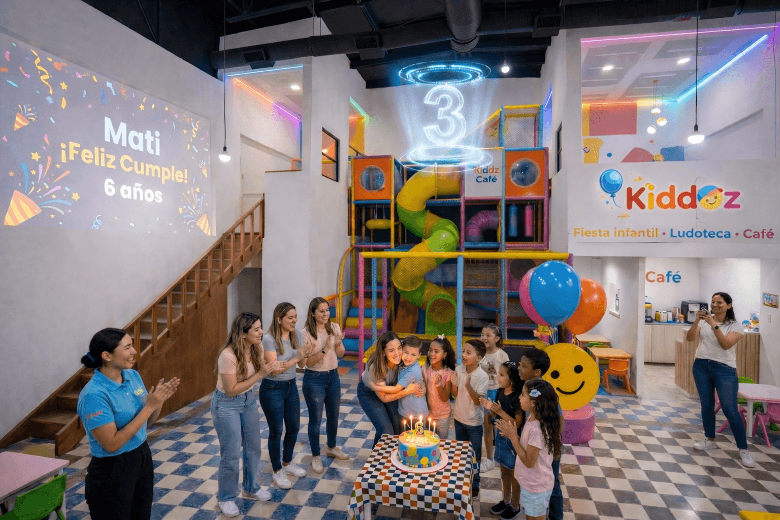 Momento especial en fiesta Kiddoz - niños celebrando cumpleaños con pastel