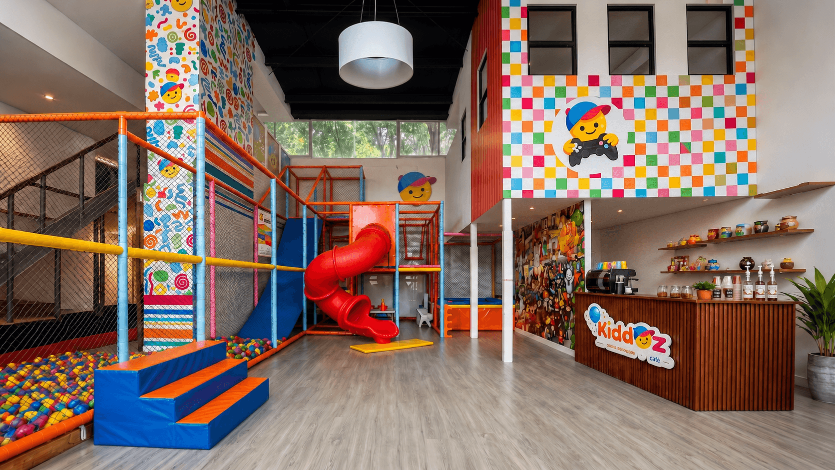 Interior de Kiddoz - espacio colorido con juegos, resbaladillas y trampolines