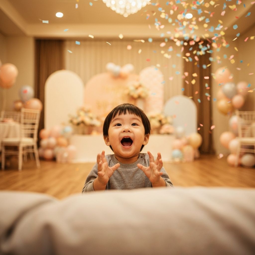 Momento estelar en fiesta Kiddoz — niño sorprendido con confeti